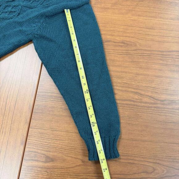 Vintage Teal Green Cable Knit V-Neck Unisex Sweater Handmade Peru Alpaca Wool OS - Picture 4 of 8